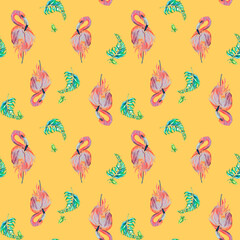 Tropical birds flamingo and palm leaves watercolor seamless pattern on yellow background.