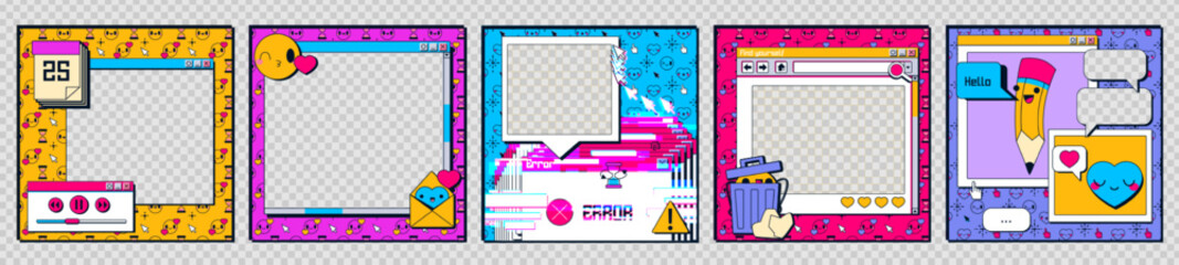 Set of retro 90s software frames isolated on transparent background. Vector illustration of old computer interface windows with emoji, heart, trash bin, message, error warning icons. Vaporwave design