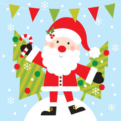 christmas card with santa claus and christmas tree design