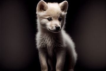Portrait of a baby arctic wolf on a black background. generative ai