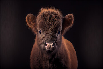 Fototapeta premium Portrait of a baby bison on a black background. generative ai
