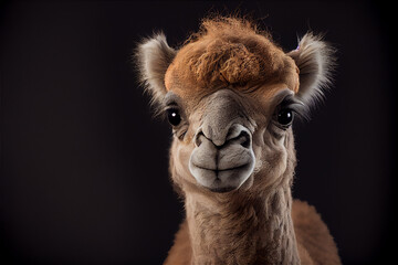 Obraz premium Portrait of a baby llama on a black background. generative ai