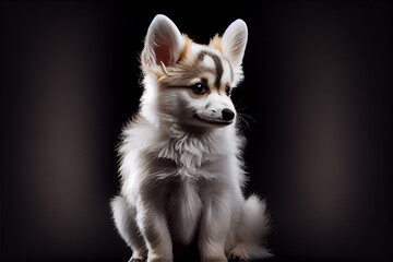 Portrait of a canadian marble fox puppy on a black background. generative ai