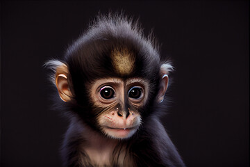 Portrait of  a baby vervet monkey on a black background. generative ai