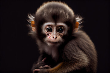 Fototapeta premium Portrait of a baby vervet monkey on a black background. generative ai