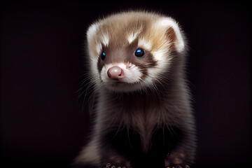 Portrait of  a baby ferret on a black background. generative ai