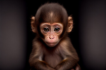 Portrait of  a baby monkey on a black background. generative ai