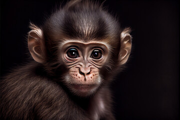 Portrait of  a baby monkey on a black background. generative ai