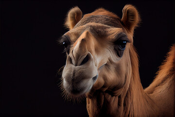 Fototapeta premium Portrait of a camel on a black background. generative ai