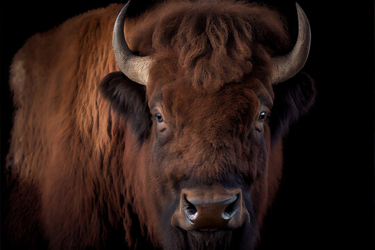 Portrait of  a bison on a black background. generative ai