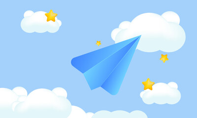 illustration realistic cute paper airplane clouds online 3d creative isolated on background.Realistic vector illustration.