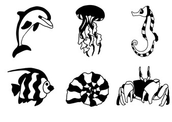 Marine life monochrome set with dolphin, jellyfish, seahorse, fish, seashell and crab. SVG vector illustration.