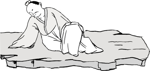 Chinese ink paint art people with Chinese traditional clothes sitting on a rock