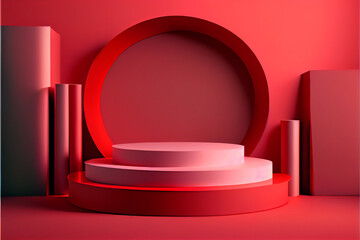 Empty red Podium for advertising and mock-up for your commercial. generative ai