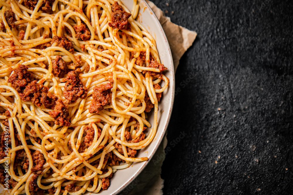 Wall mural ready made spaghetti bolognese on the table.