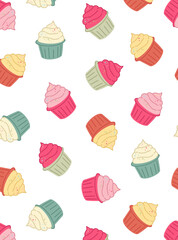 seamless pattern with cupcakes, cakes for candy bar, pastry shop on a white background, poster for advertising