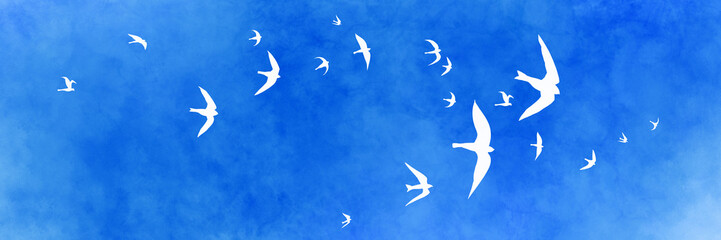 Flock of birds flying in the sky, bird or animal nature illustration of white outlines or silhouettes of group of birds in flight pattern on cloudy blue sky illustration, wildlife drawing or sketch