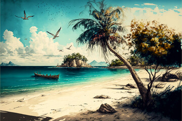 Plakat beach with coconut trees, beach sketch illustration