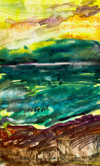 Fototapeta na wymiar Watercolor Sketch with picturesque landscape of seashore and clouds, painted on paper. Raw colorful abstract aquarelle painting. Contemporary fine art.