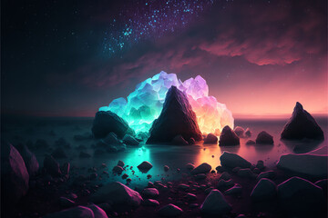 Fototapeta na wymiar 夜のビーチに輝く石の数々,Generative AI