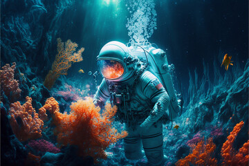 Obraz premium 海底の光る珊瑚と潜水服のイラスト, Generative AI