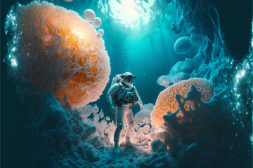 海底の光る珊瑚と潜水服のイラスト, Generative AI