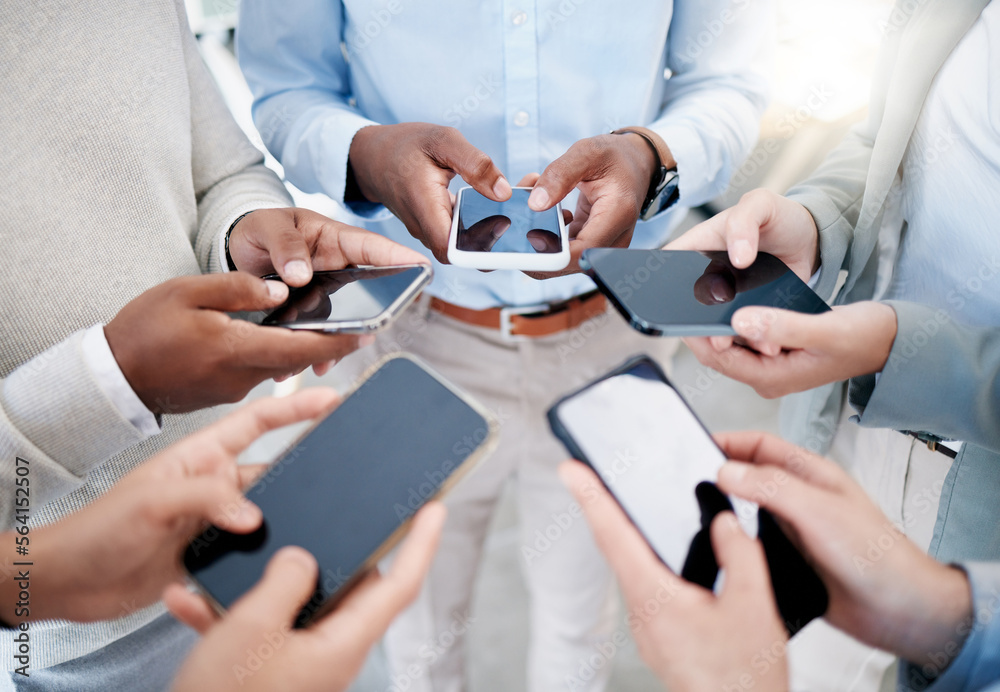 Poster smartphone in hands, technology and business people with collaboration and communication in team for