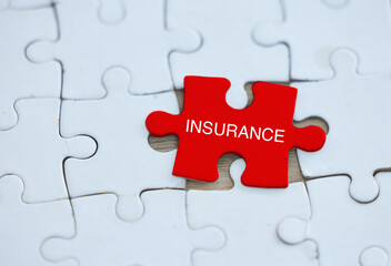 Insurance, puzzle and security for safety, healthcare and loss of life coverage, retrenchment and...