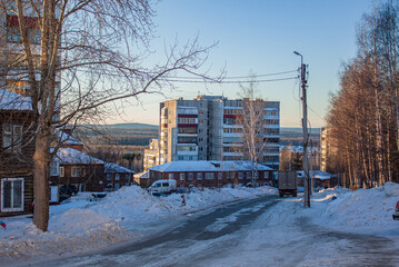 Fototapeta na wymiar Residential areas of the city of Kachkanar, Ural, January 2023.