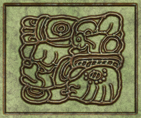 Glyphs- symbol hieroglyphic mayan. Coinage on metal- 3d illustration