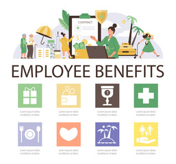 Obraz na płótnie Canvas Employee benefits infographic banner placard design, flat vector illustration.