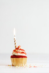 red velvet cupcake top with white cream cheese frosting.