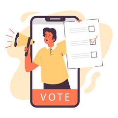 Man holding megaphone and calling for voting online, flat vector isolated.