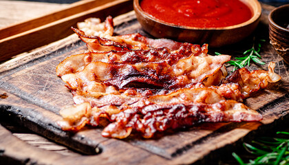 Pieces of fried bacon with tomato sauce.