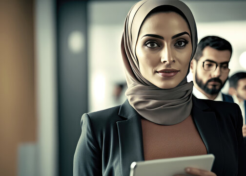 Middle eastern businesswoman wearing a hijab looking at the camera with a co-worker in the background. generative AI