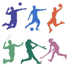 Sports association, Sports silhouette gesture. Volleyball, Football, Soccer, Basketball, Badminton, Baseball, Hockey Vector Illustration