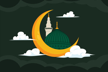 Ramadan kareem. Islamic background design with clouds, mosque and crescent moon.