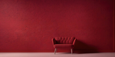 Red pigmented wall with a couch. Red widescreen background with space for text, logo or product presentation. Generative AI