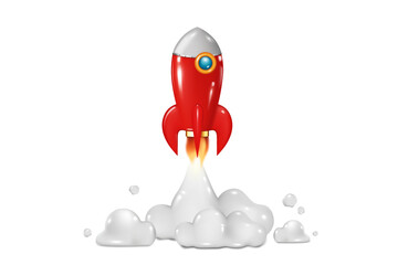 Realistic 3d red rocket flying in space. Spaceship rocket launch icon isolated on white background. for startup business and technology concept. Vector illustration 3D template.