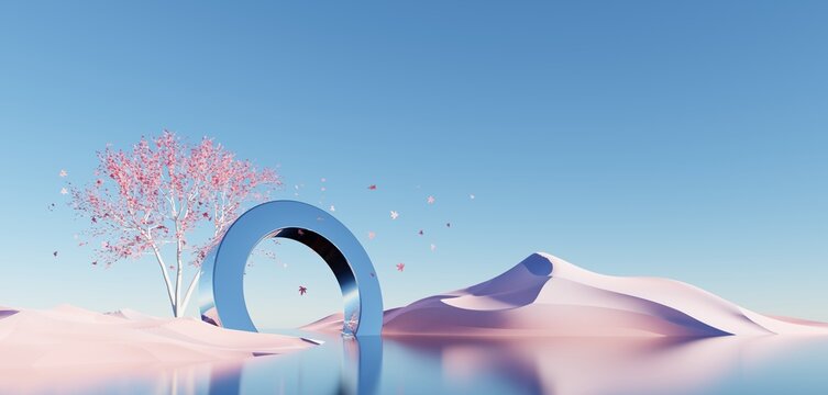 Surreal Beautiful Dream land background. Abstract Dune in winter season landscape with geometric arch. Fantasy island scenery with water and natural cloudy sky. Metallic mirror arch. 3d render.