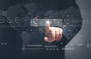 Company communication concept. Contact us. Businessman touching virtual screen to search contact information, email, phone, address, live chat message. global connection.