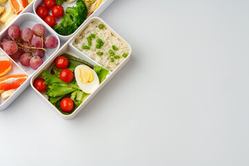 Healthy food delivery in take away box on white background