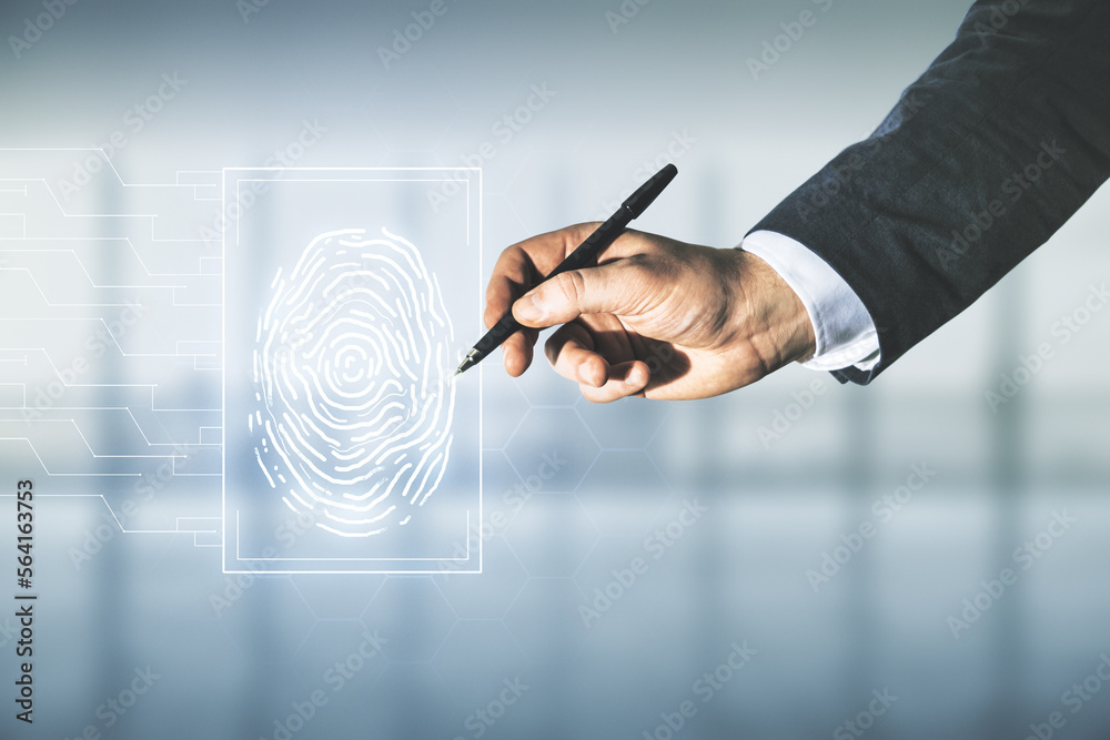 Poster man hand with pen working with abstract virtual fingerprint illustration on blurred office backgroun