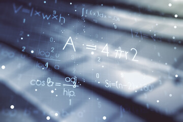 Scientific formula illustration on abstract metal background, science and research concept. Multiexposure