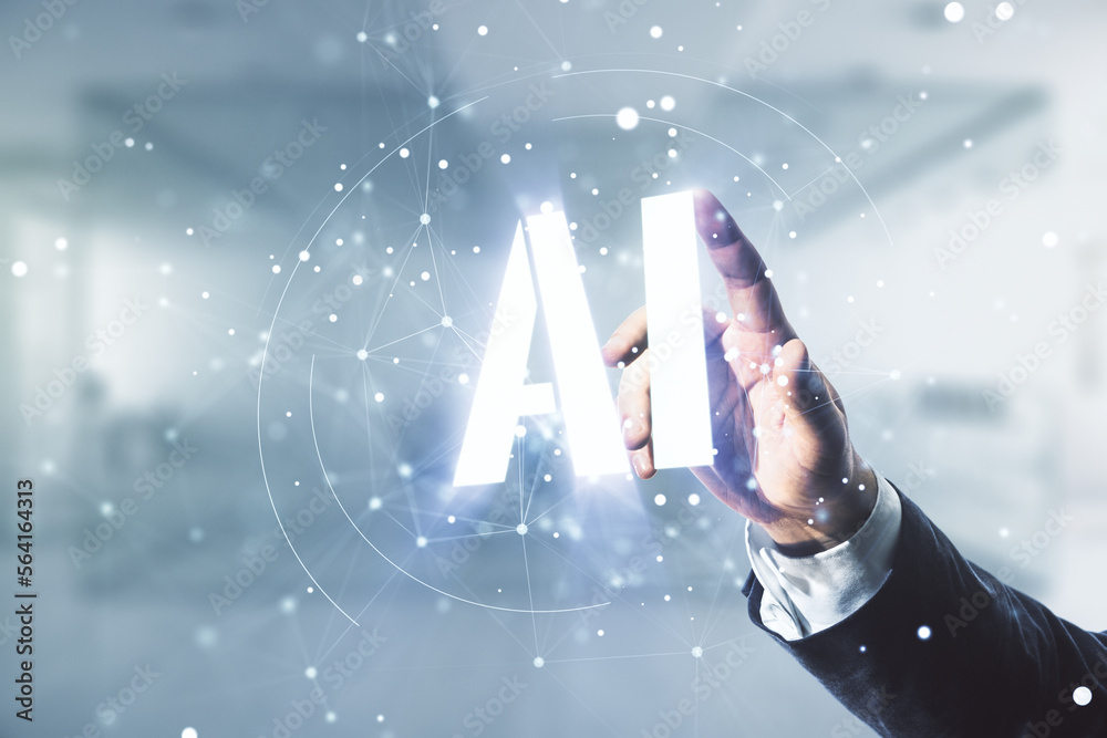 Aufkleber man hand working with abstract virtual artificial intelligence symbol hologram on blurred office bac