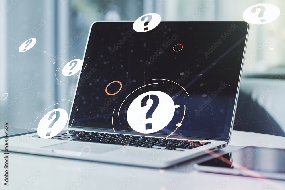 Aufkleber creative abstract question mark hologram on modern computer background, future technology concept. m