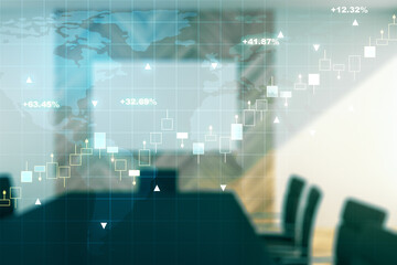 Abstract creative financial graph interface and world map on a modern conference room background, forex and investment concept. Multiexposure