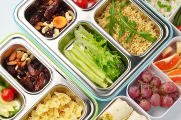 Many containers with delicious healthy food for background