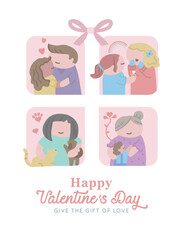 VECTORS. Editable banner for Valentine's day depicting different scenes of love and friendship. Gift, cute, romantic, inclusive, queer couple, pets, family