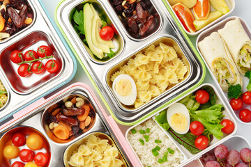 Many containers with delicious healthy food for background